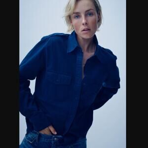 NWT ZARA Women Shirt with Tabs Navy Blue Cotton Utility Shirt Size L